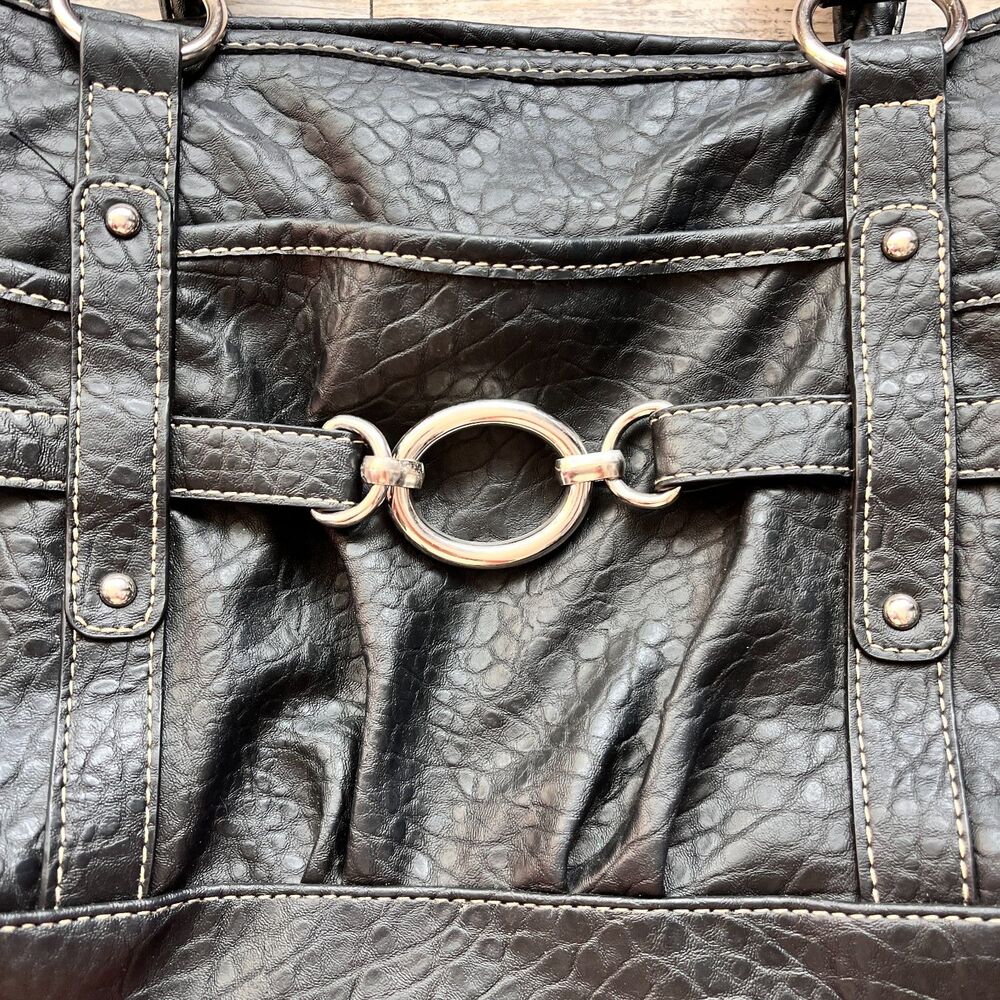 Y2K Black Faux Leather Shoulder Bag Braided Strap Silver Hardware Purse Grunge - Picture 5 of 11